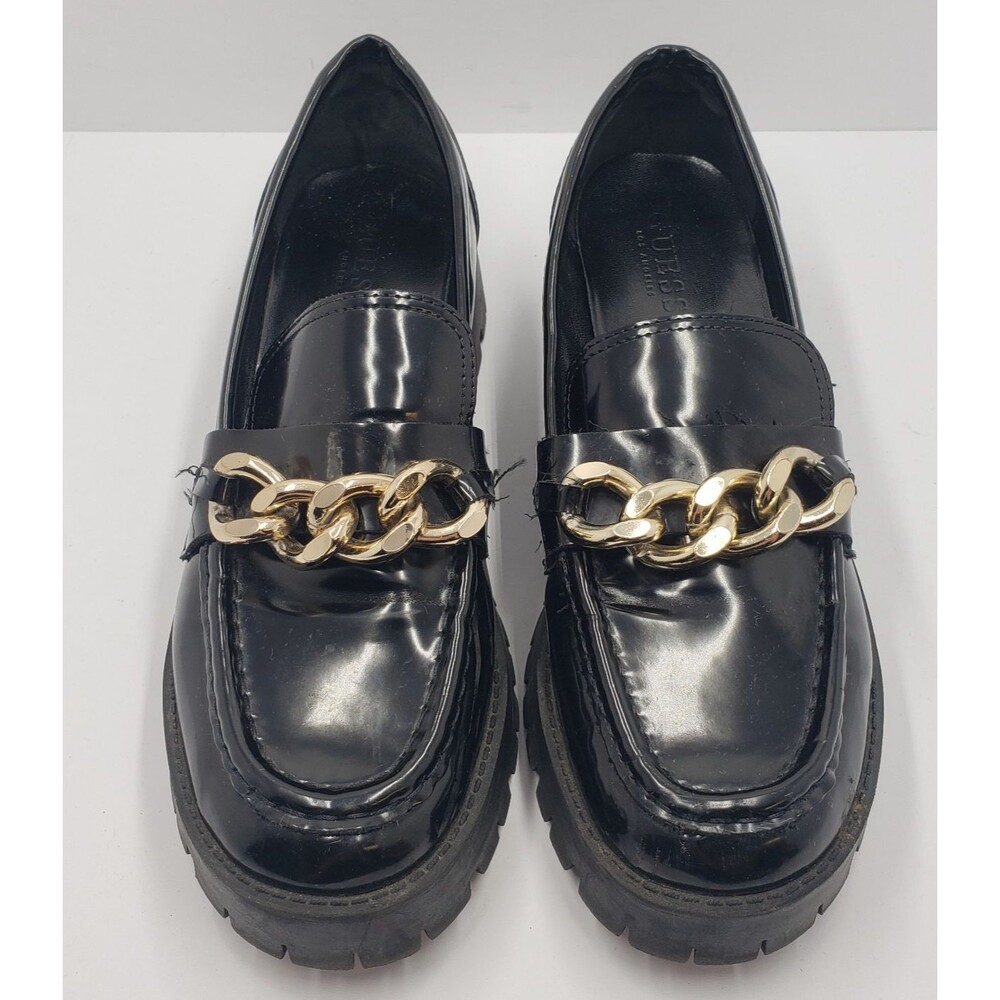 Guess Hillford Lug Sole Loafers Chunky Platform Gold Chain Women's Size 9.5